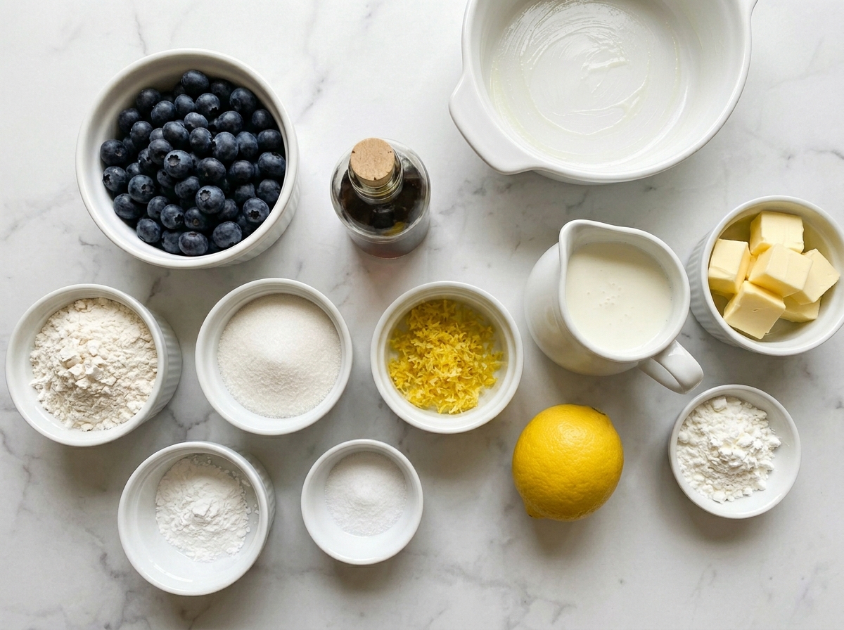 Blueberries, lemon, butter, buttermilk, flour, and sugar for cobbler