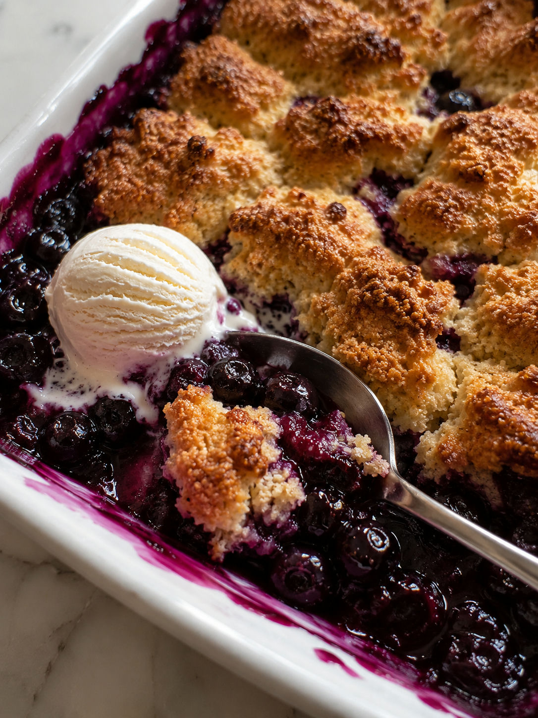 Delicious Blueberry Cobbler, plated and served