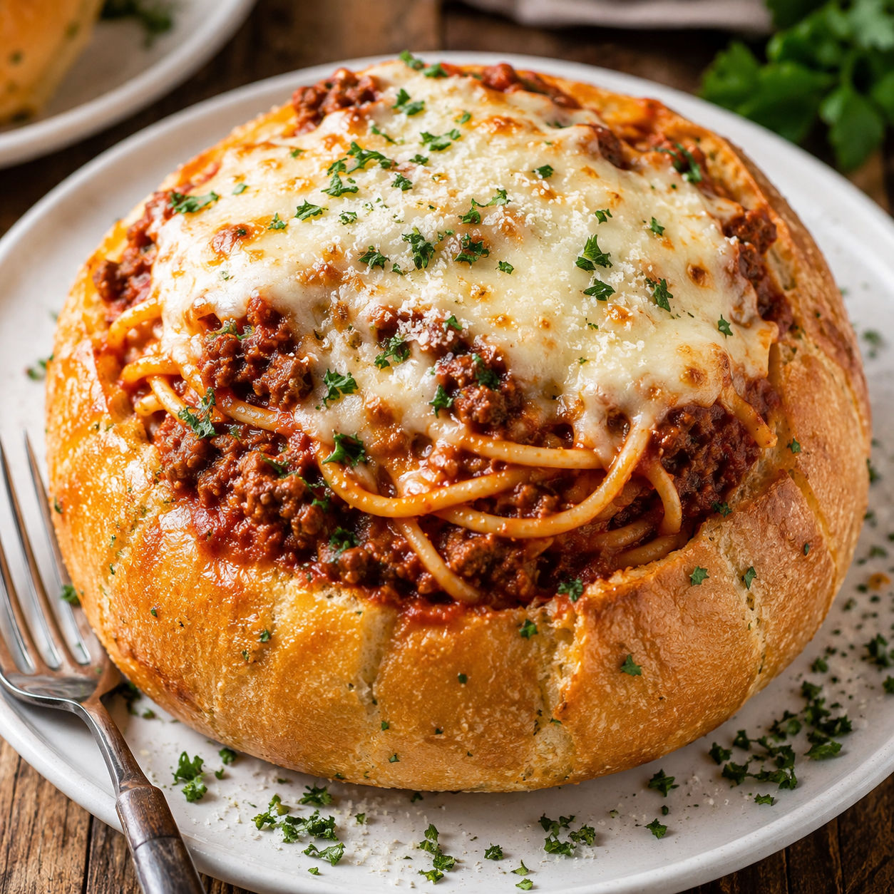 Bread bowl spaghetti with meat sauce, melted mozzarella, and parsley