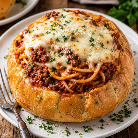 Bread bowl spaghetti with meat sauce, melted mozzarella, and parsley