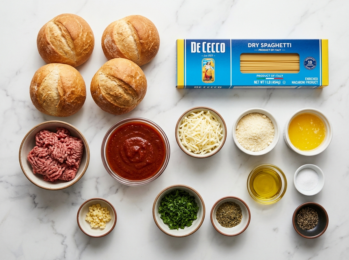 Ingredients for bread bowl spaghetti with rolls, pasta, beef, sauce, and cheese