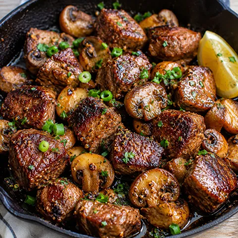 Cajun butter steak bites with mushrooms in a black skillet
