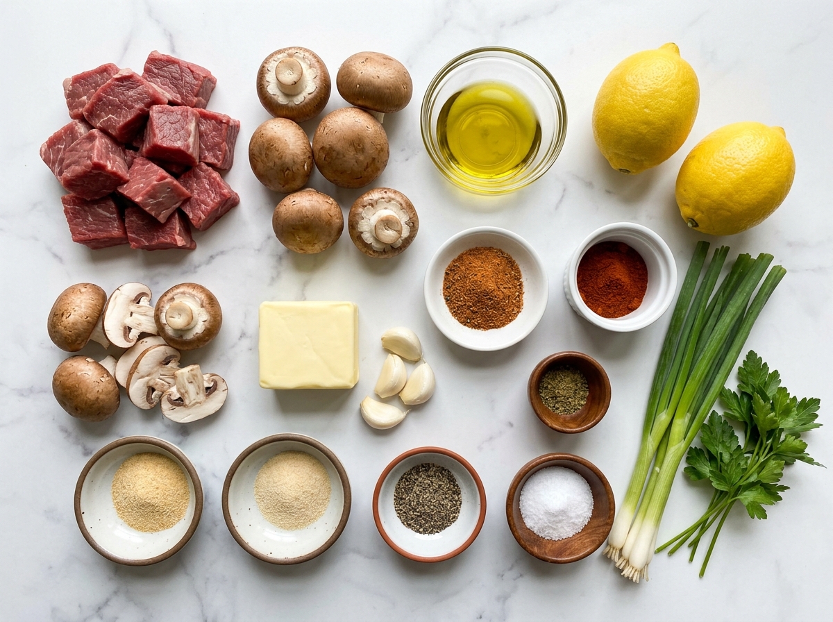 Raw steak, mushrooms, Cajun spices, butter, garlic, lemon, and herbs