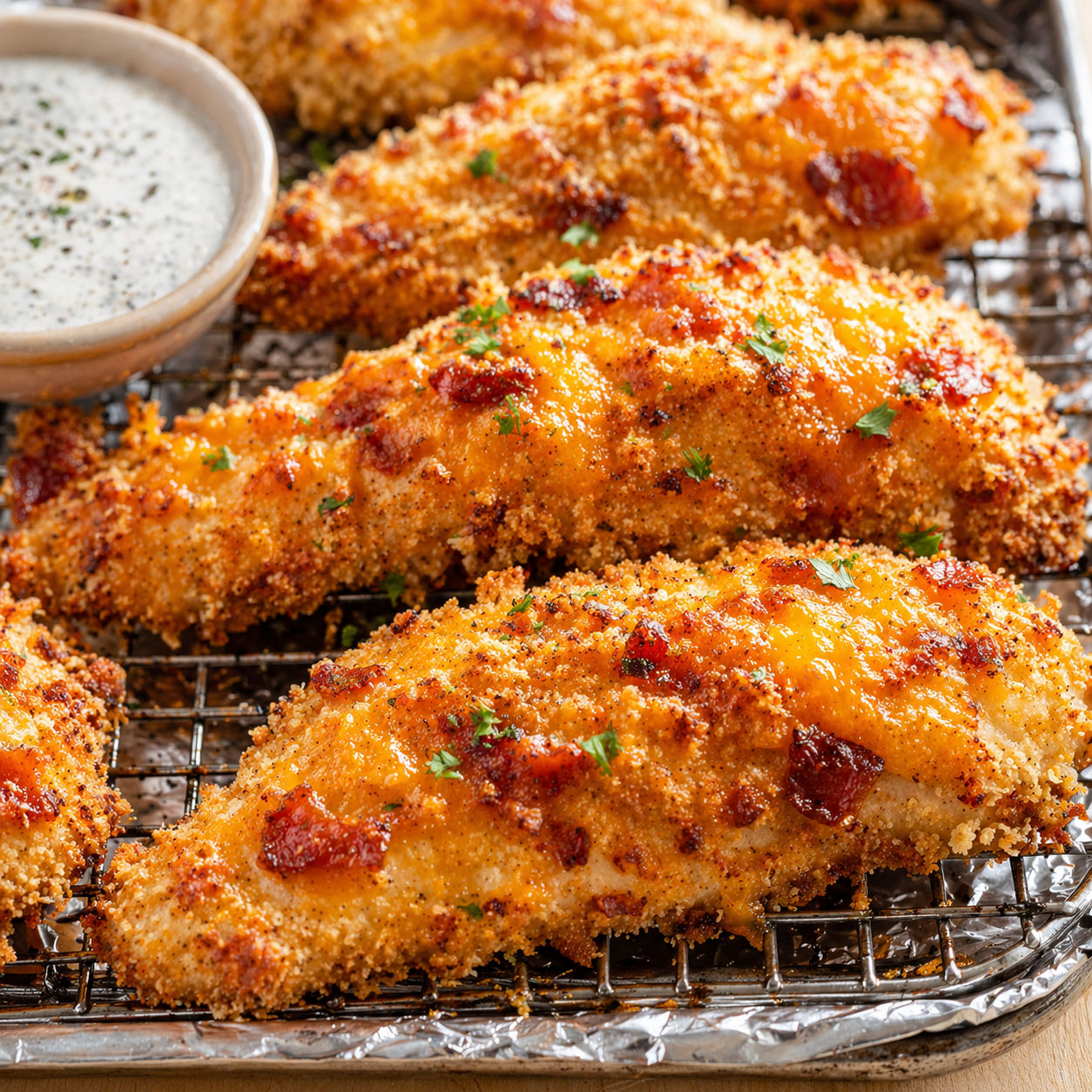 Baked cheddar bacon chicken tenders on a wire rack with ranch