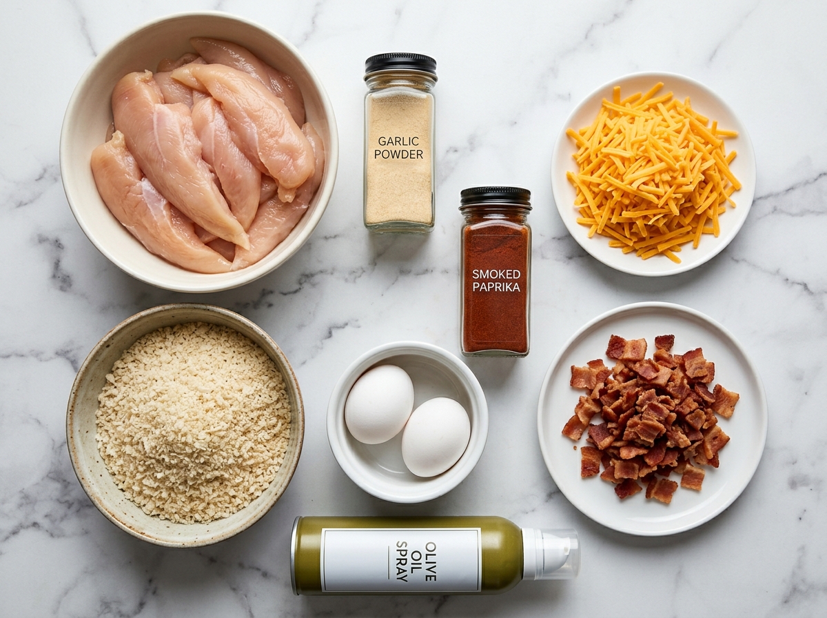 Raw ingredients for cheddar bacon chicken tenders on a wooden board