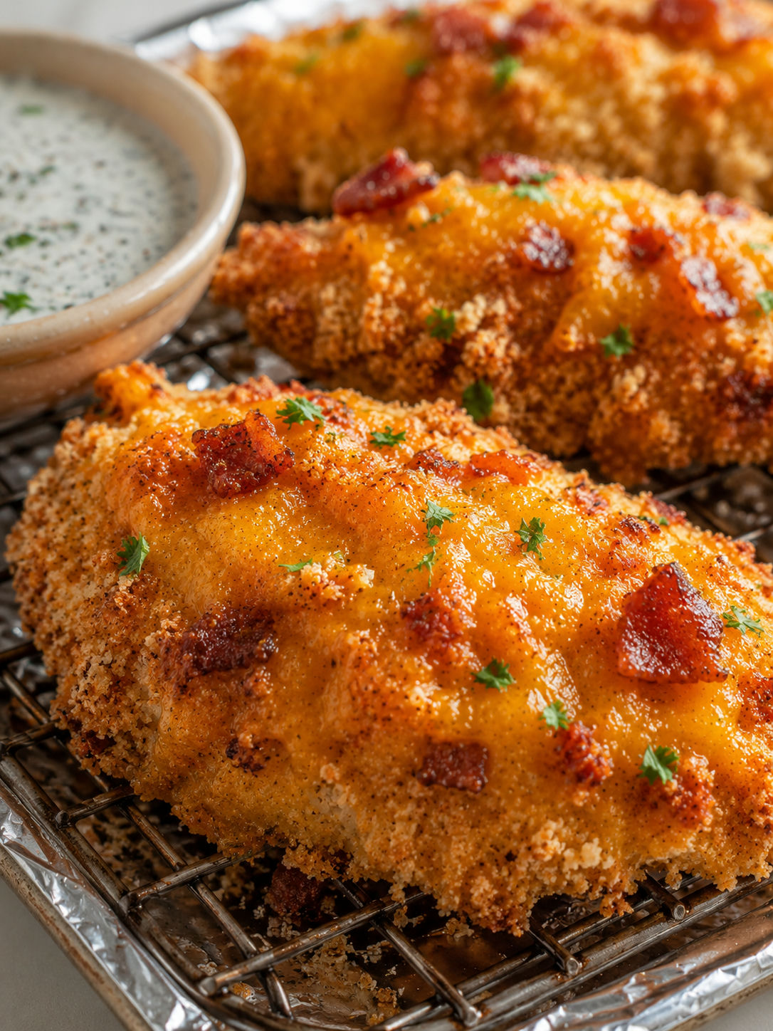 Delicious Cheddar Bacon Chicken Tenders, plated and served