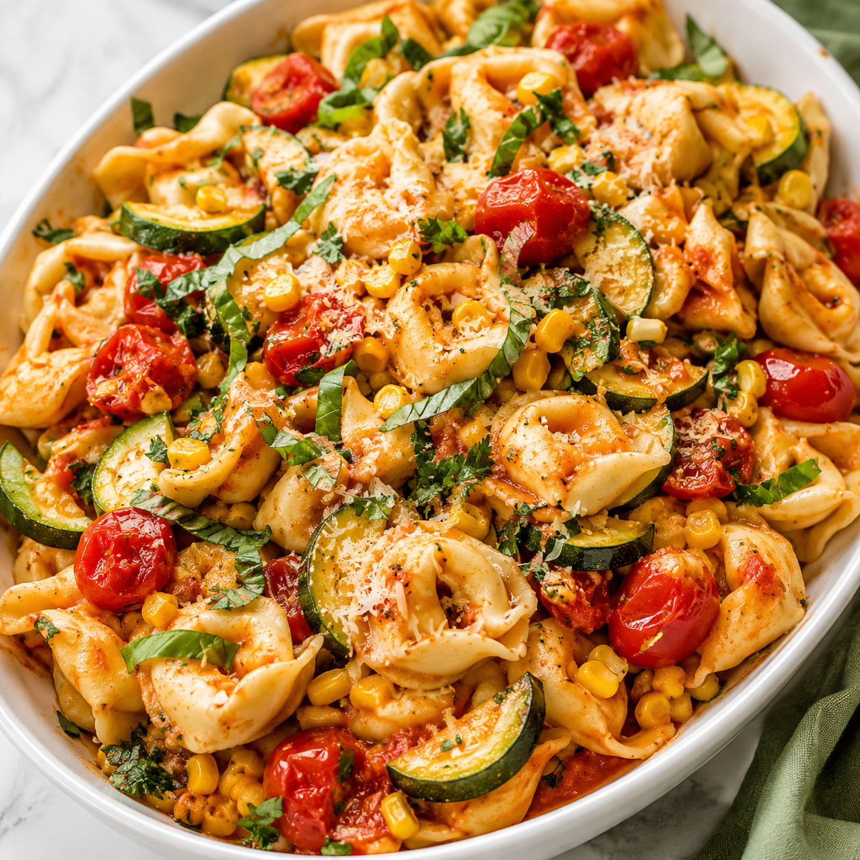 Cheese tortellini with zucchini, corn, tomatoes, parmesan, and herbs