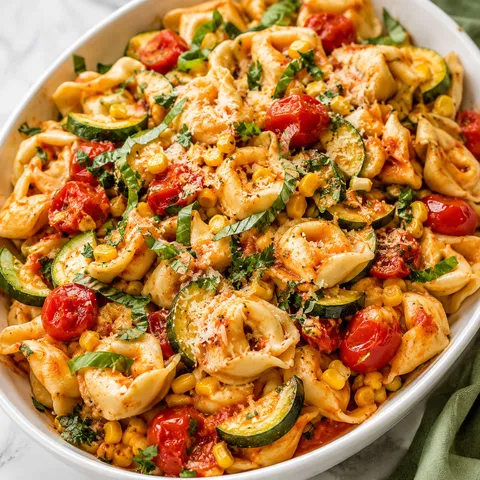 Cheese tortellini with zucchini, corn, tomatoes, parmesan, and herbs