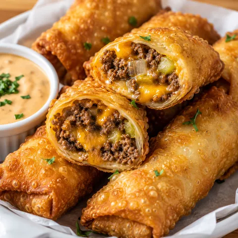 Crispy cheeseburger eggrolls with melted cheese and burger sauce