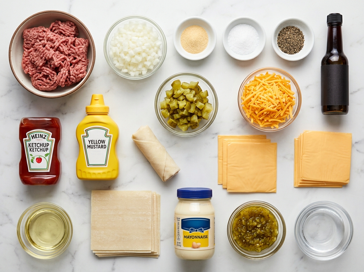 Ingredients for cheeseburger eggrolls with beef, cheese, pickles, and wrappers
