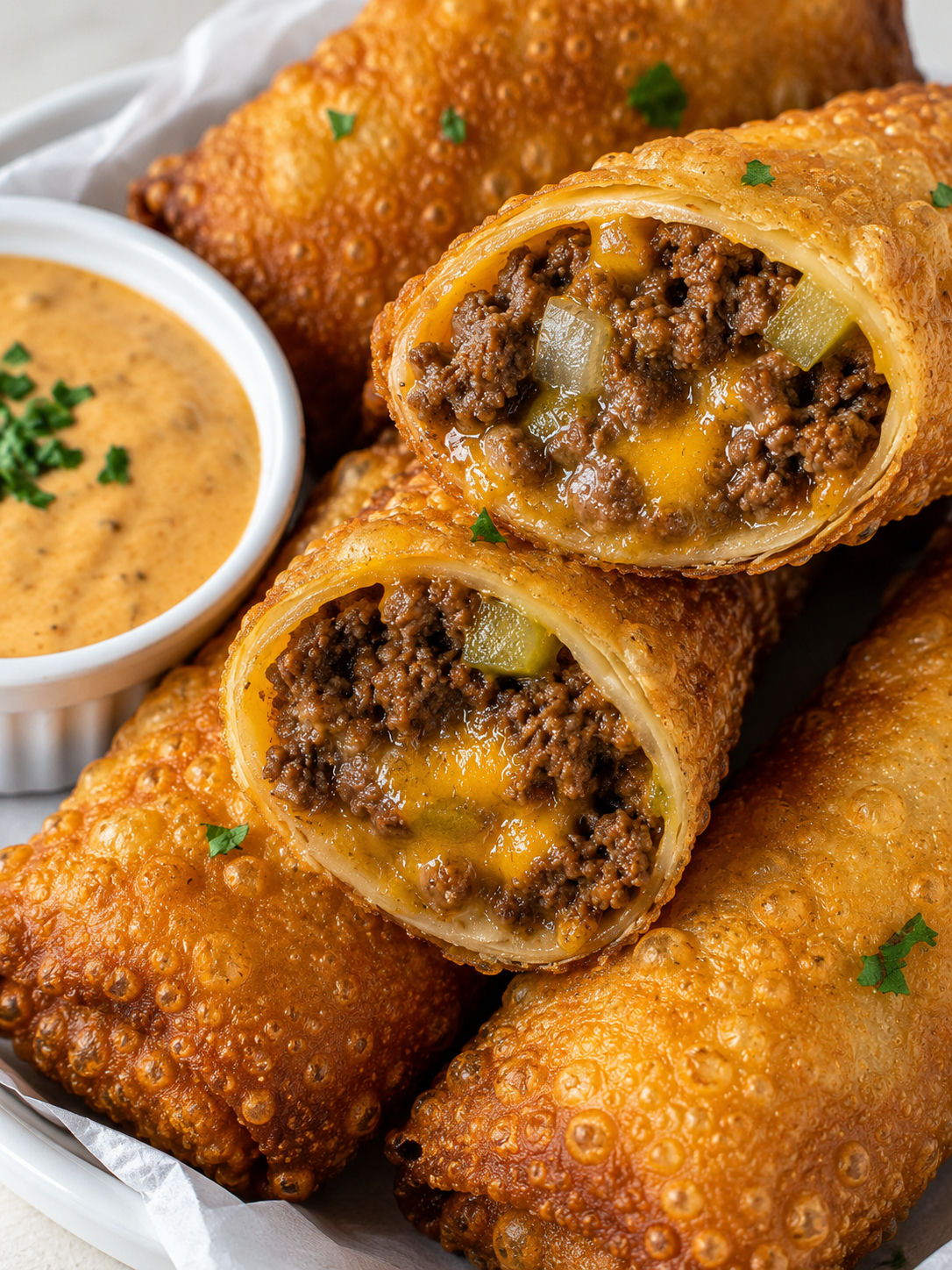 Delicious Cheeseburger Eggrolls, plated and served