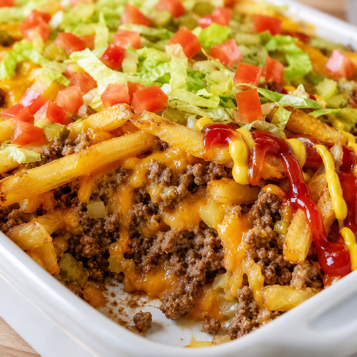 Cheeseburger French fry casserole with melted cheese, lettuce, and tomato