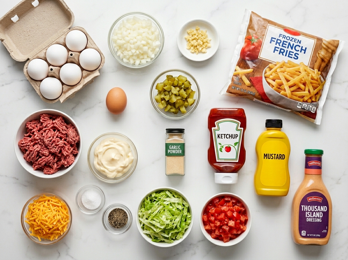 Ingredients for cheeseburger French fry casserole on a wooden surface