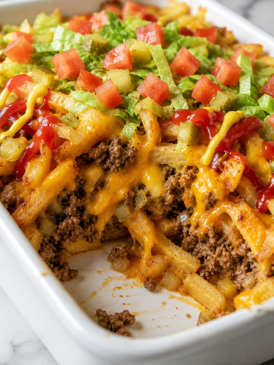 Delicious Cheeseburger French Fry Casserole, plated and served