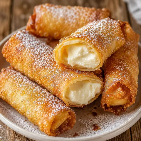 Golden fried cheesecake egg rolls dusted with powdered sugar on a white plate