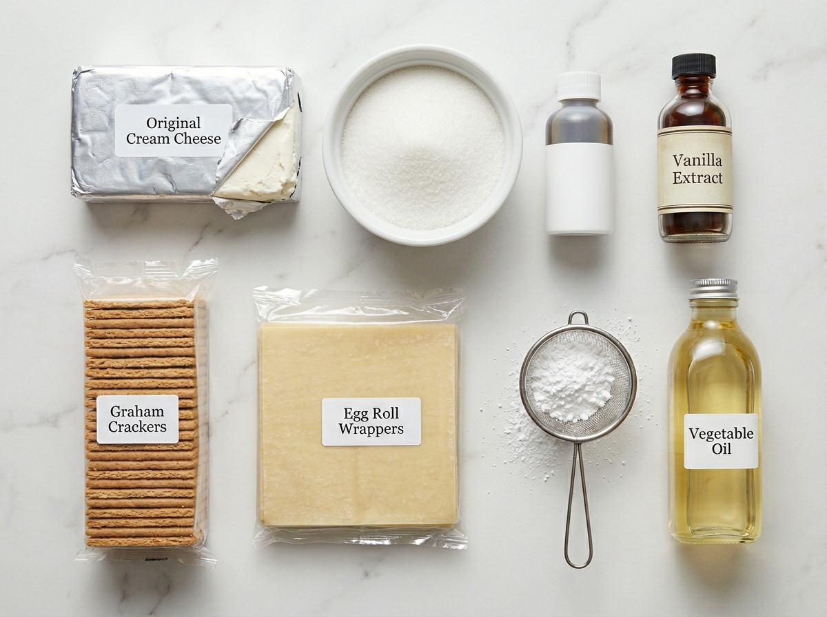 Cream cheese, sugar, vanilla, graham crackers, and egg roll wrappers on marble
