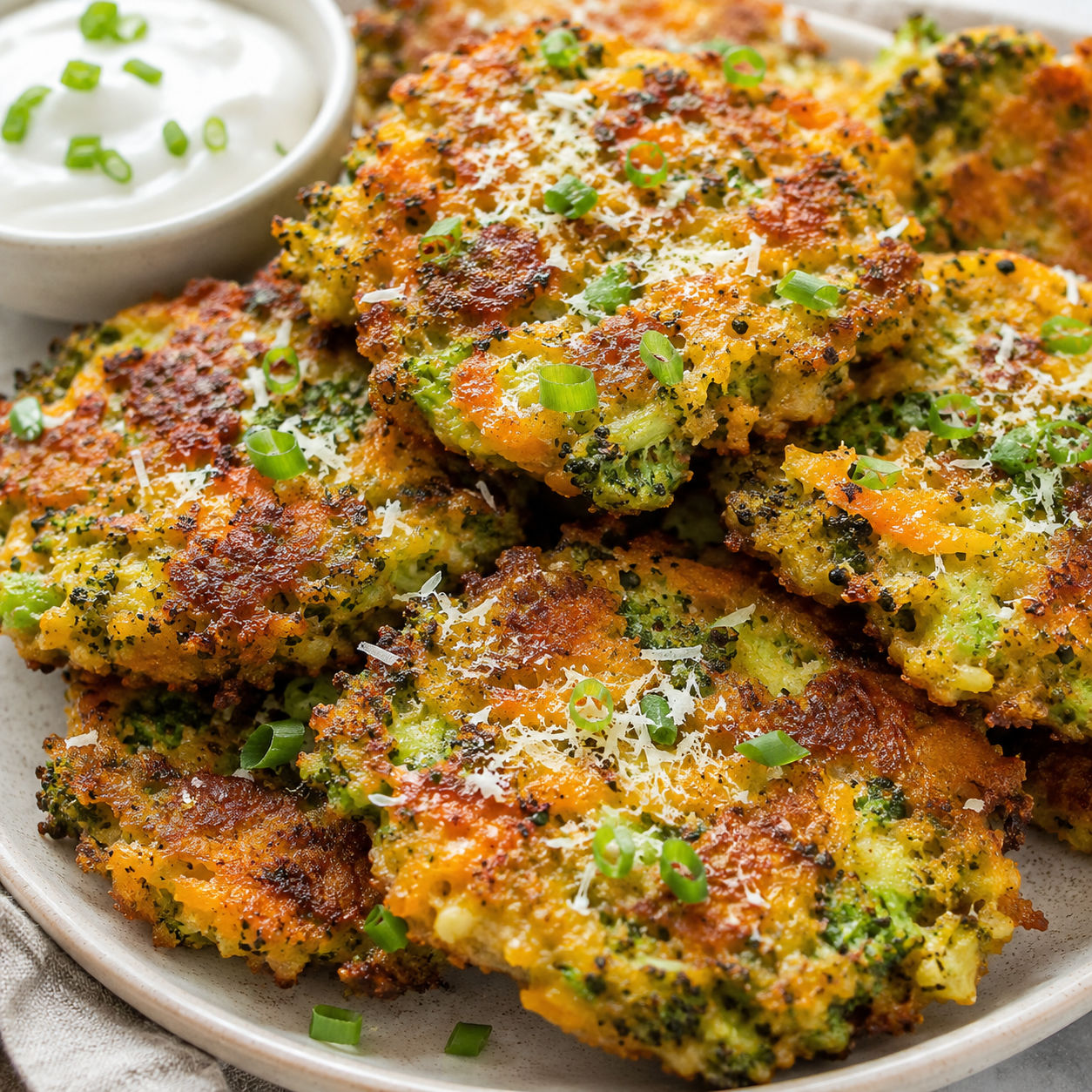 Cheesy broccoli fritters with scallions and sour cream on a pale plate