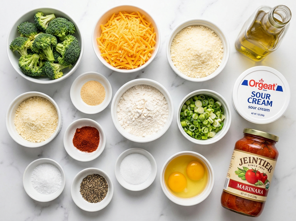 Ingredients for cheesy broccoli fritters with cheddar, eggs, flour, and scallions