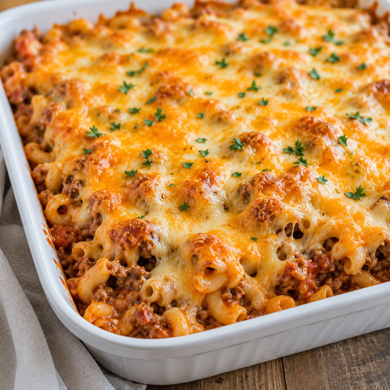Cheesy macaroni and hamburger casserole with bubbly golden cheese in a white baking dish