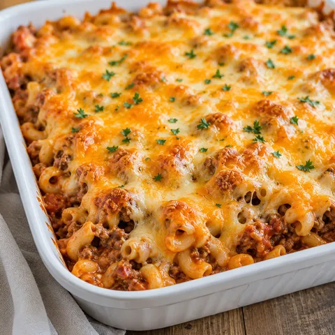 Cheesy macaroni and hamburger casserole with bubbly golden cheese in a white baking dish
