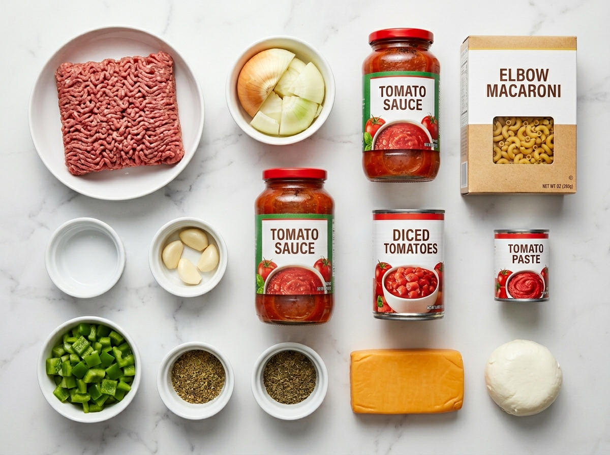 Raw ingredients for cheesy macaroni and hamburger casserole on a wooden board