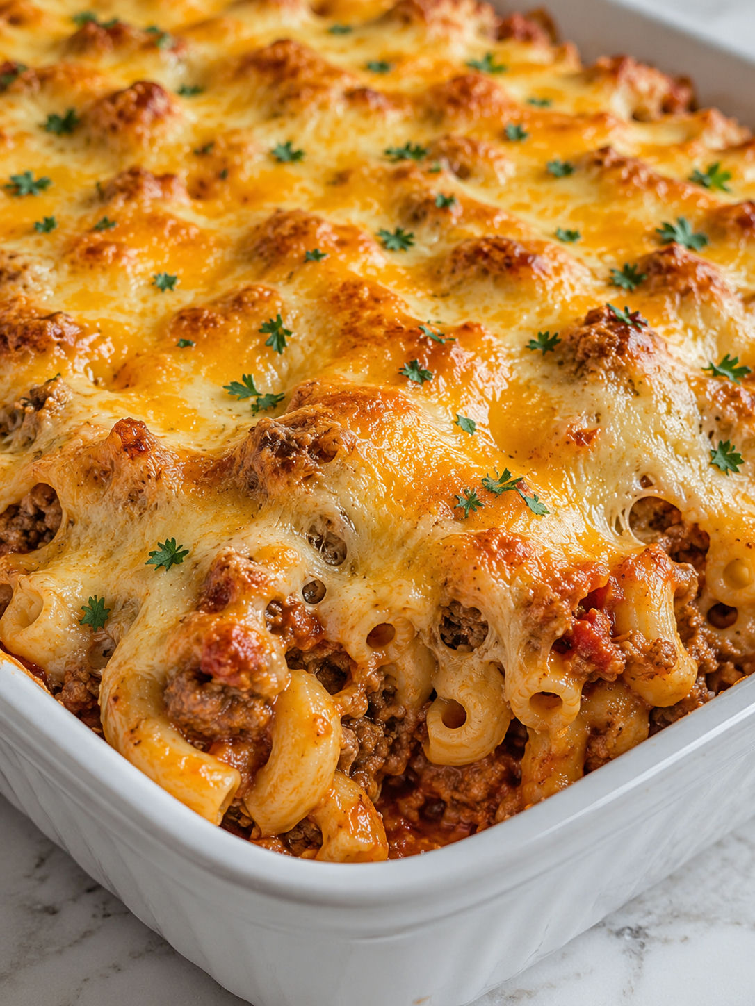 Delicious Cheesy Macaroni and Hamburger Casserole, plated and served