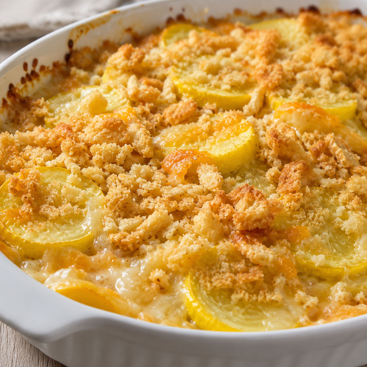 Cheesy summer squash casserole with golden cracker topping in a white baking dish