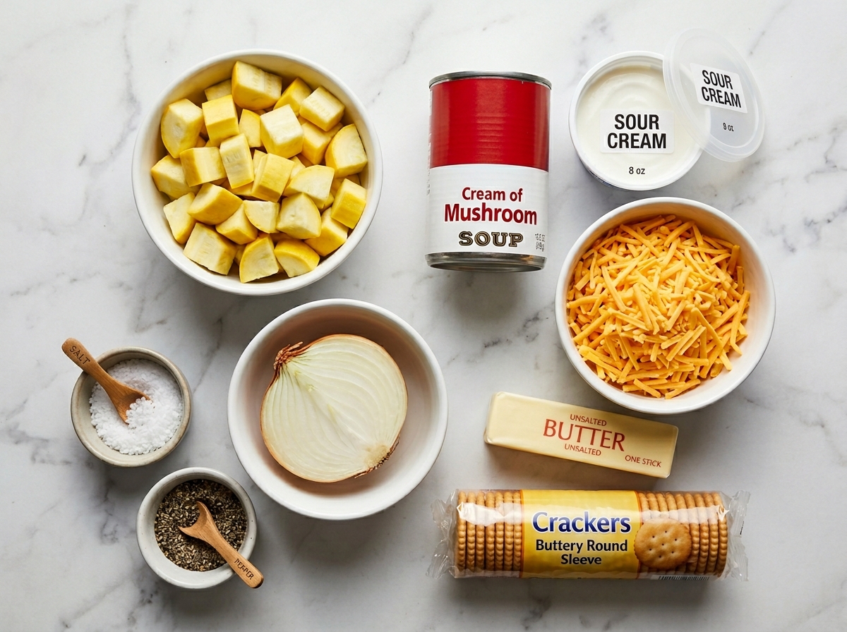 Raw ingredients for cheesy summer squash casserole on a wooden surface