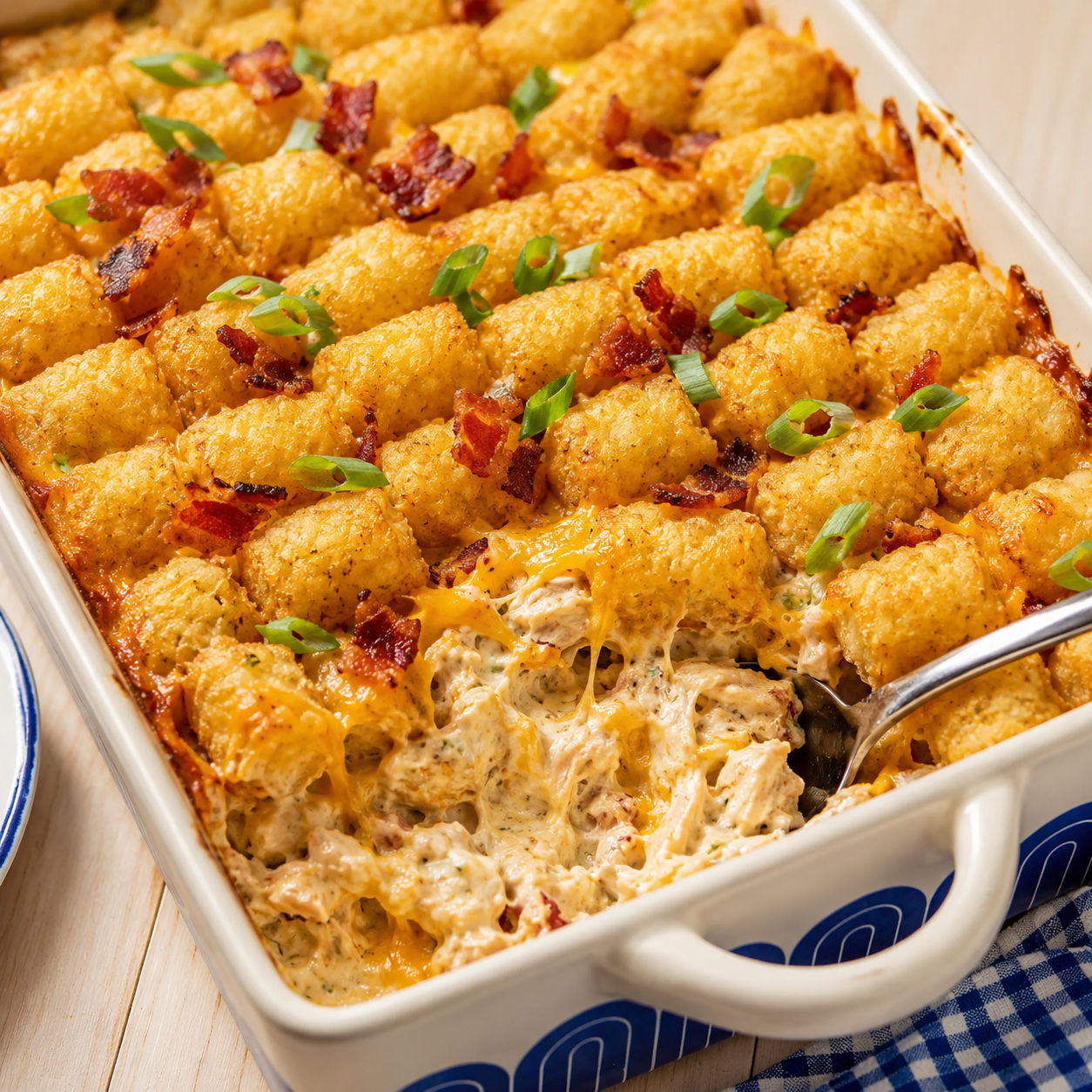 Chicken bacon ranch tater tot casserole with bacon and scallions
