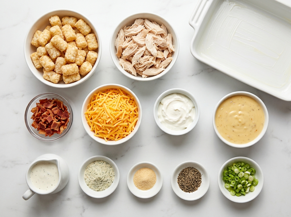 Ingredients for chicken bacon ranch tater tot casserole on a counter