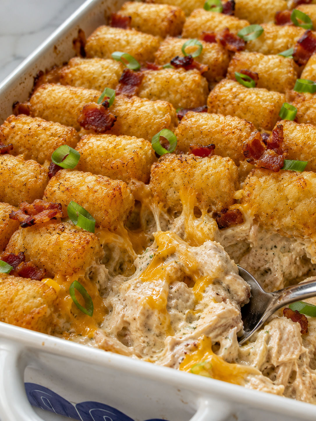 Delicious Chicken Bacon Ranch Tater Tot Casserole, plated and served