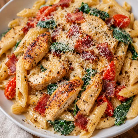 Creamy chicken bacon penne with spinach, tomatoes, and Parmesan