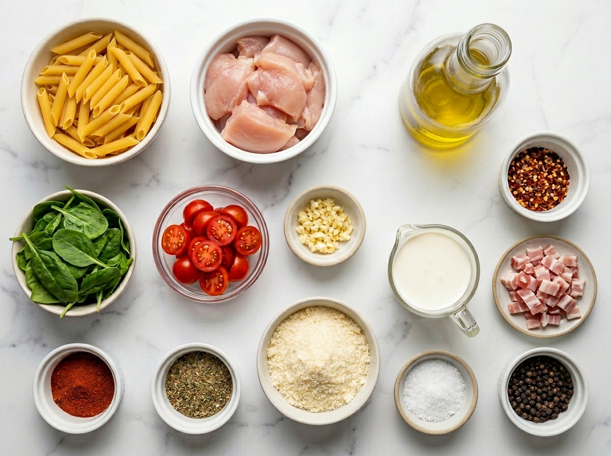 Ingredients for chicken bacon pasta with spinach and tomatoes