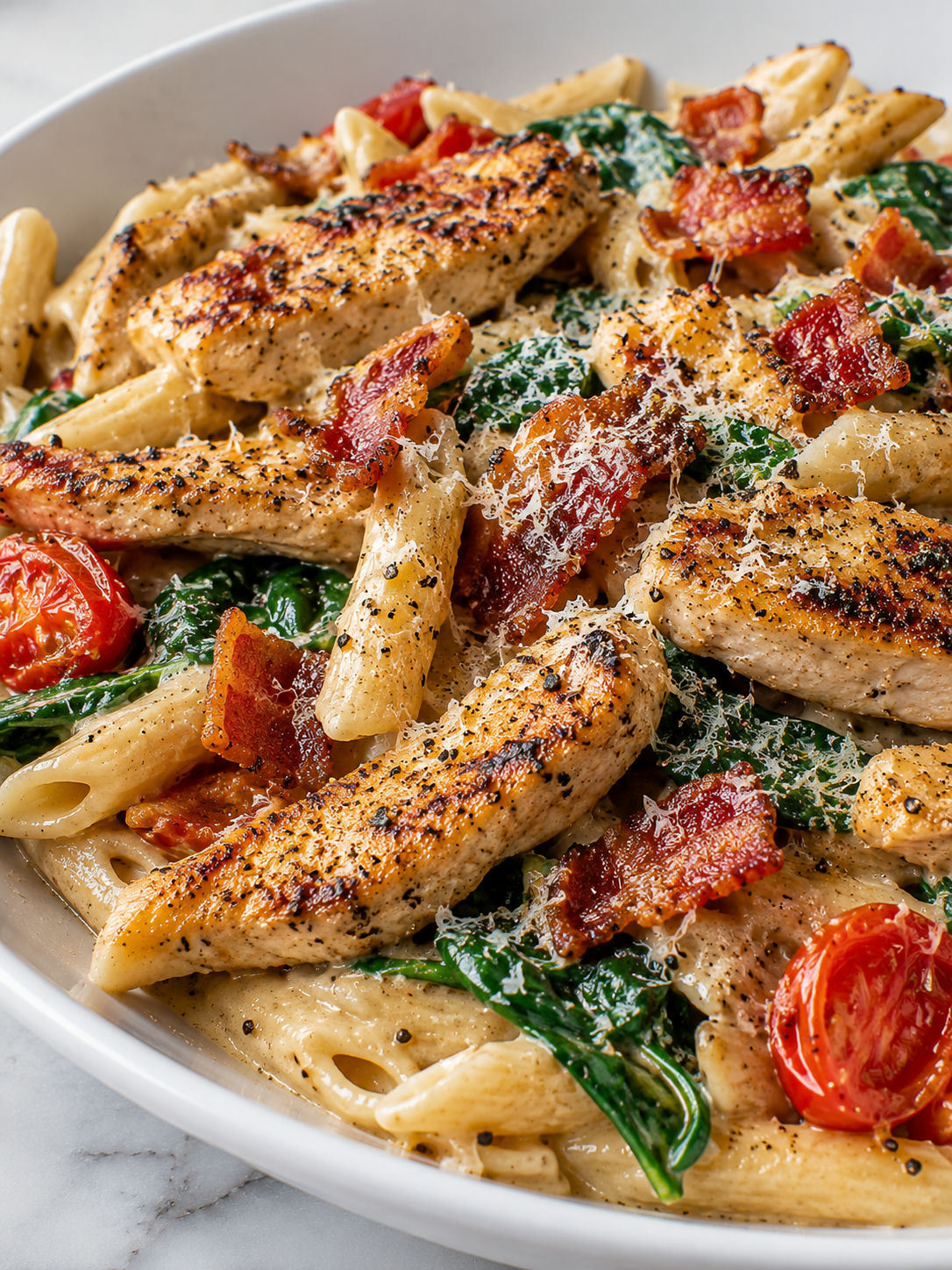 Delicious Chicken Bacon and Pasta with Spinach and Tomatoes, plated and served