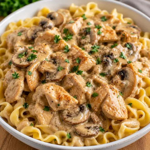 Creamy chicken stroganoff with mushrooms and egg noodles in a white bowl