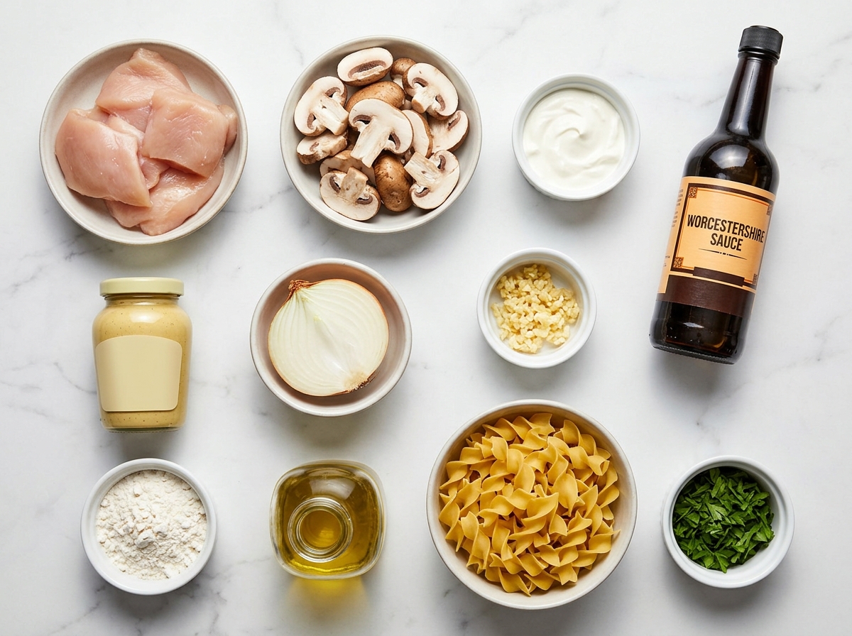 Raw ingredients for chicken stroganoff arranged on a wooden counter