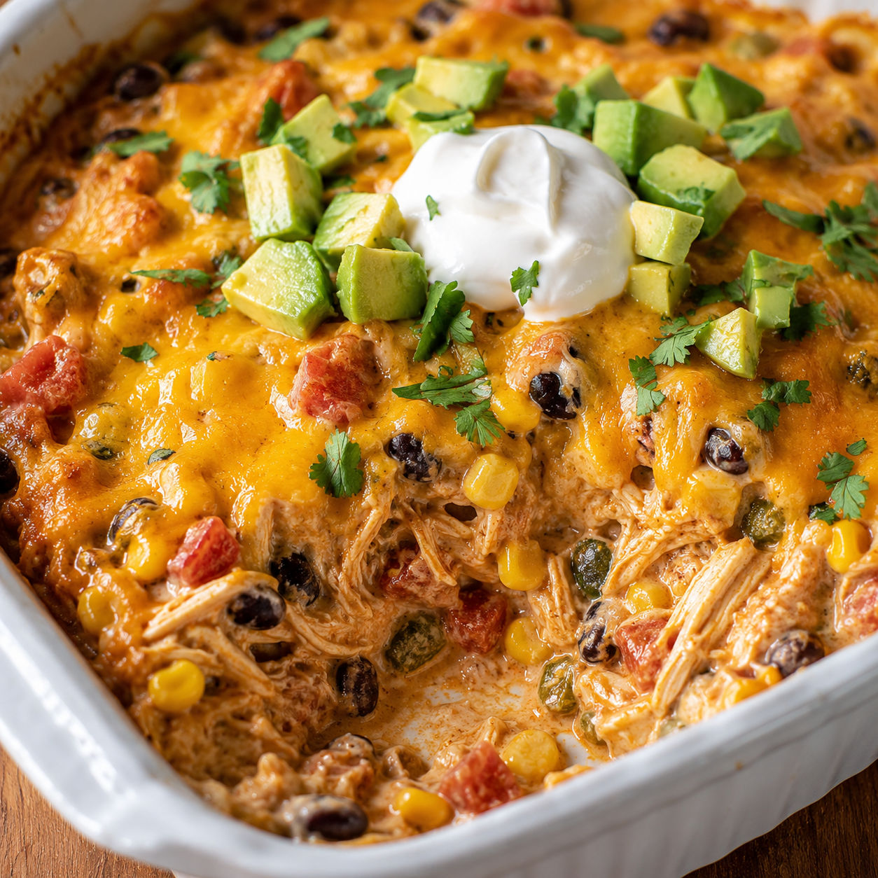 Chili chicken casserole with melted cheddar, beans, corn, avocado, and cilantro