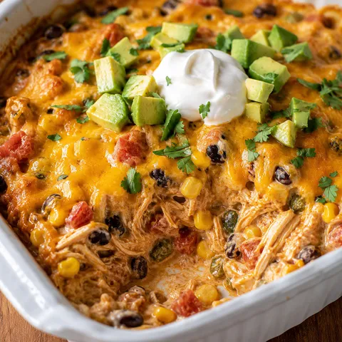 Chili chicken casserole with melted cheddar, beans, corn, avocado, and cilantro