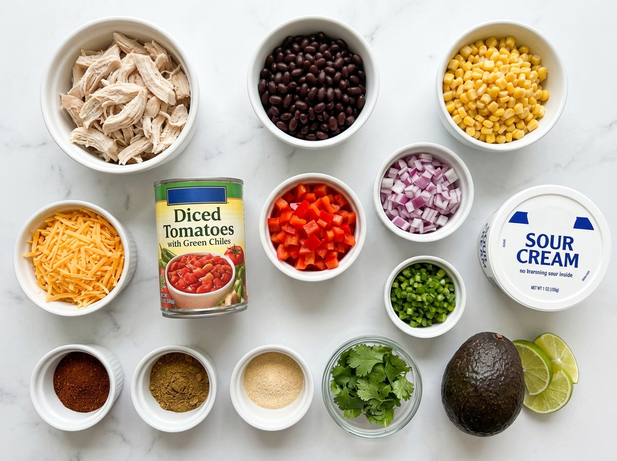 Ingredients for chili chicken casserole with chicken, beans, corn, cheese, and sour cream