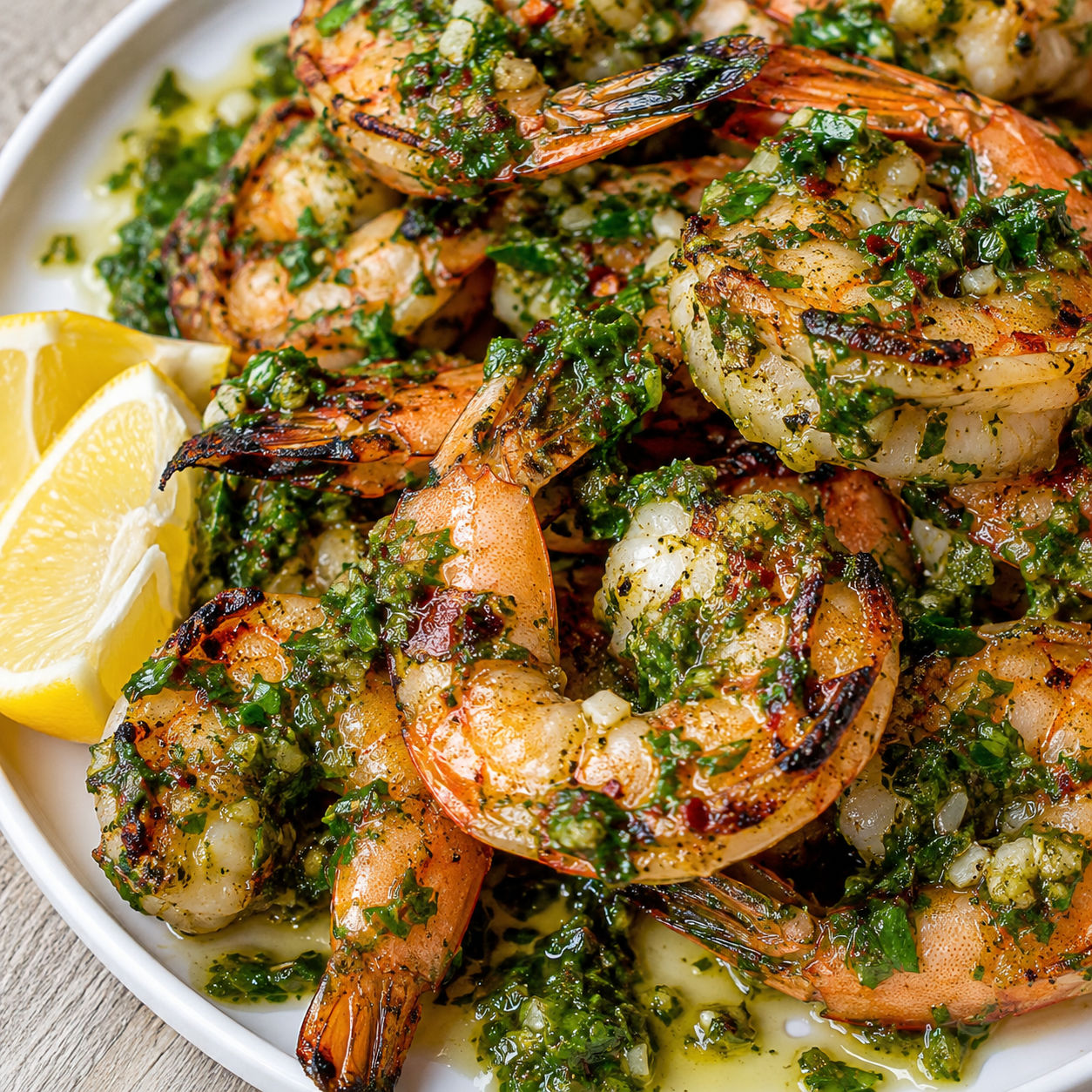 Chimichurri shrimp on a white plate with bright green herb sauce and lemon wedges