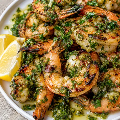 Chimichurri shrimp on a white plate with bright green herb sauce and lemon wedges