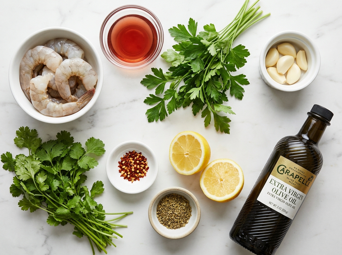 Raw shrimp and fresh chimichurri ingredients arranged on a marble surface