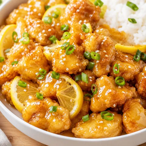 Chinese lemon chicken with glossy sauce, green onions, sesame seeds, and lemon slices