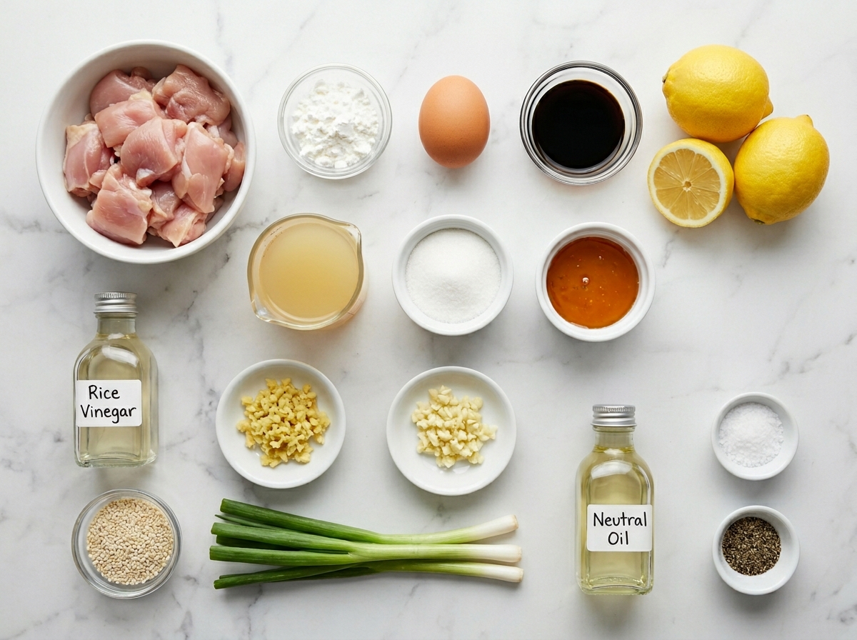 Raw ingredients for Chinese lemon chicken with lemons, chicken, cornstarch, and aromatics