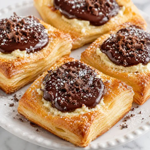 Chocolate cream cheese danishes with glossy ganache on flaky puff pastry