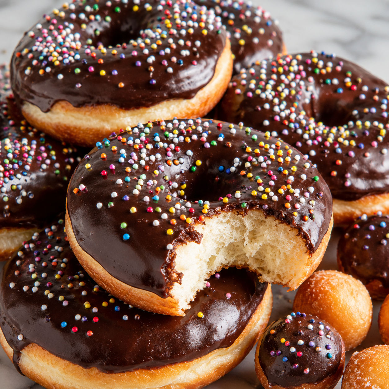 Chocolate glazed yeast donuts with sprinkles and a soft torn center