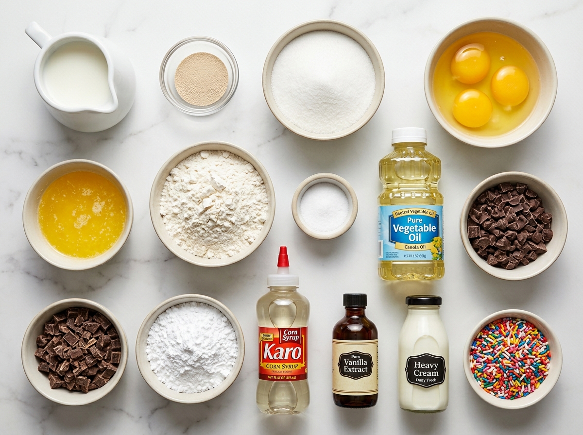 Ingredients for chocolate glazed donuts arranged on a marble counter