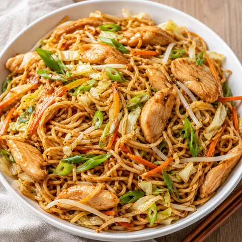 Chicken chow mein noodles with cabbage, carrots, bean sprouts, and scallions