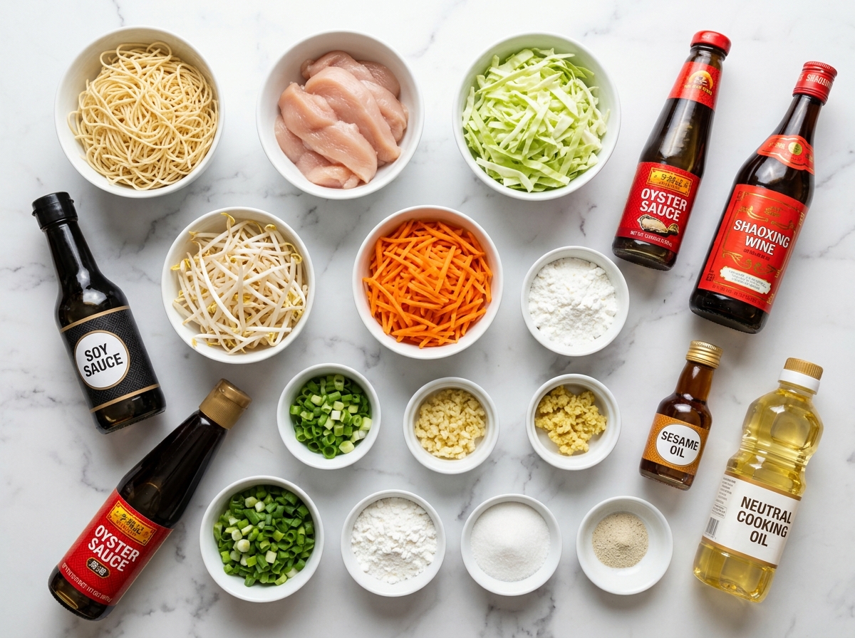 Raw ingredients for chicken chow mein noodles arranged on a wooden surface