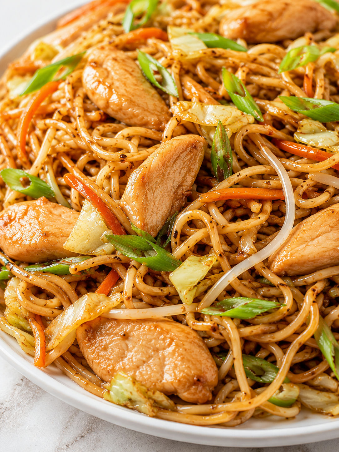 Delicious Chow Mein Noodles with Chicken, plated and served